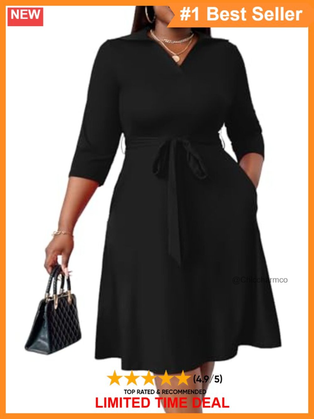 Plus Size Midi Dress 3/4 Flutter Sleeve V-Neck A-Line Fit Flare Casual